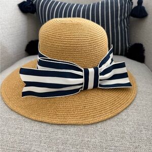 Stylish Tan Hat with Striped Bow
